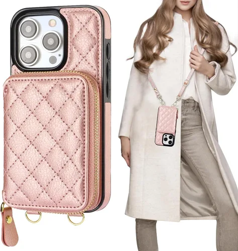 Vista 11 de Bocasal Funda tipo cartera con bandolera para iPhone 15 Pro, cartera de mano de piel sintética con cremallera y bloqueo RFID, funda tipo cartera