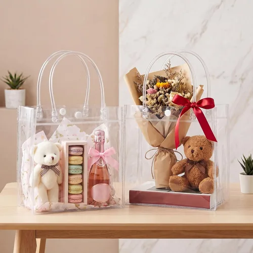 Vista 6 de Saintrygo 50 bolsas de regalo de plástico transparente con asas, bolsas de regalo de plástico reutilizables de PVC, bolsa de regalo de plástico