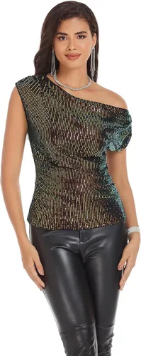 Vista 2 de GRACE KARIN Blusas brillantes de lentejuelas de un hombro para mujer, con purpurina asimétrica fruncida, adelgazante, camisas de fiesta brillantes