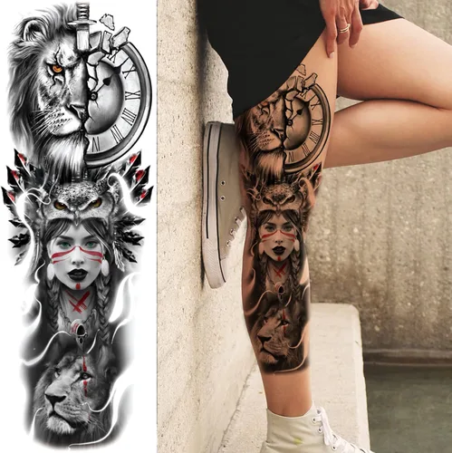 Vista 4 de Tatuajes de manga temporal de bosque para piernas de mujer, brazo completo, grande, leopardo, serpiente, león, lobo, tribal, manga de tatuaje falso