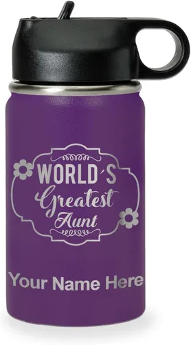 Vista 45 de LaserGram Botella de agua con tapa abatible de doble pared de 12 onzas con pajilla, la tía más grande del mundo, grabado personalizado incluido Negro