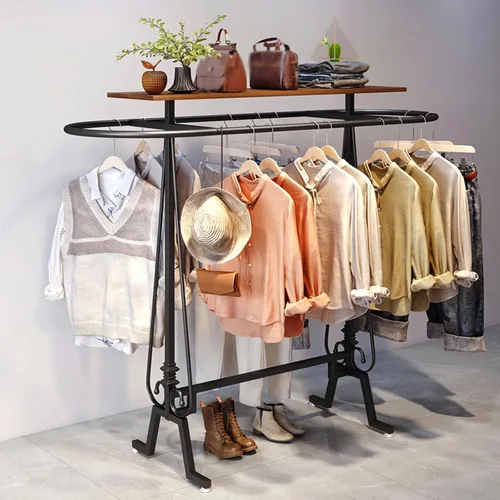 Vista 3 de Perchero redondo para ropa, estante de ropa comercial de pie, perchero ovalado de hierro para colgar ropa, para dormitorios, exhibición de Negro