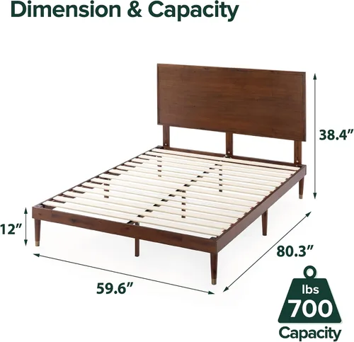 Vista 5 de Zinus Deluxe cama de madera estilo de medio siglo con cabecero, sin necesidad de colchon de resortes, Pino, Marrón