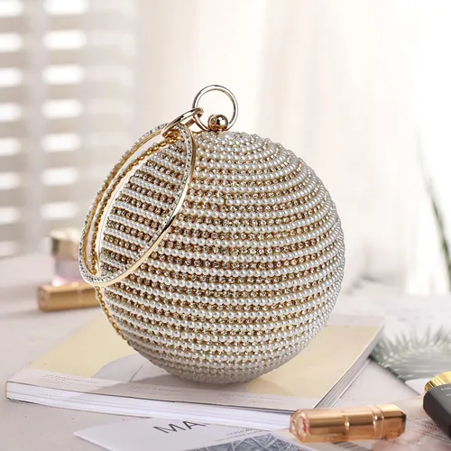 Vista 5 de Bolso de noche para mujer, bolso de mano redondo con cuentas de perlas, bolso de mano con diamantes de imitación