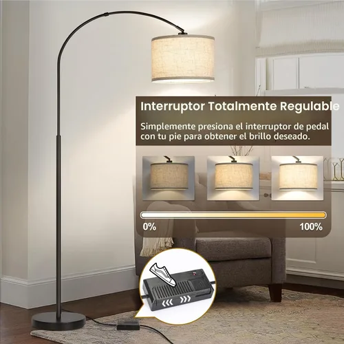 Vista 3 de Lámpara de pie regulable, lámpara de pie de arco con atenuador, lámpara de pie negra con pantalla colgante ajustable, luz de lectura alta sobre