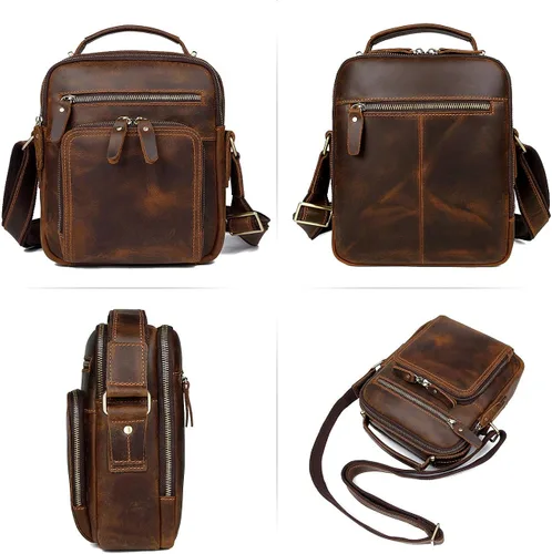 Vista 5 de YOGCI Bandolera de cuero para hombres Vintage Crossbody Bolso de hombro Fit Celular Monederos Billetera iPad con cremalleras YKK Marrón Oscuro