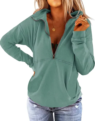 Vista 7 de Floral Find Women's Long Sleeve Lapel Half Zip Up Sweatshirt Solid Stylish Loose Fit Casual Pullover Tops B-Azul marino