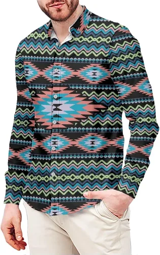 Vista 8 de Camisas aztecas grandes y altas para hombre, diseño étnico azteca tribal del suroeste, camiseta delgada de manga larga con botones
