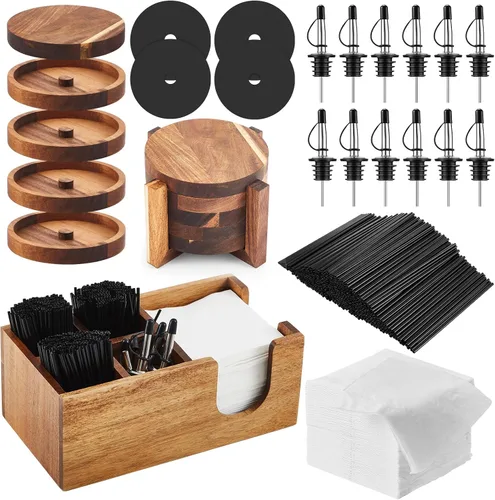 Vista 9 de Mifoci Herramienta de Barman Rimadora de Vasos de Madera de Acacia de 3 Niveles con 12 Vertedores Clásicos de Acero Inoxidable para Botellas