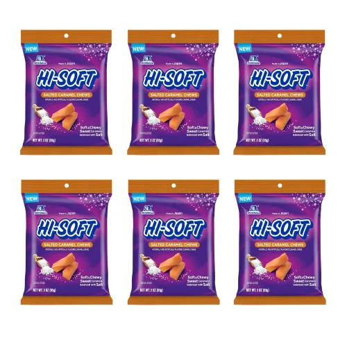 Vista 6 de HI-SOFT Caramelos masticables salados, 6 bolsas de pie, 3 onzas, caramelo masticable suave y salado para compartir golosinas, dulces a granel