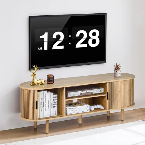 Vista 3 de Janmer Home Soporte de TV acanalado de 54 pulgadas con almacenamiento, consola de TV moderna de mediados de siglo con puertas correderas Tambour