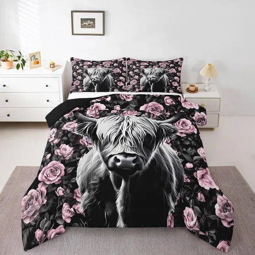 Vista 20 de Erosebridal Juego de edredón con estampado de vaca de las Highland, juego de ropa de cama de granja occidental verde azulado, decoración rústica