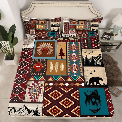 Vista 60 de Juego de ropa de cama de estilo bohemio occidental, tamaño individual, diseño de vaca atrapasueños, sábana bajera ajustable del suroeste, tribu