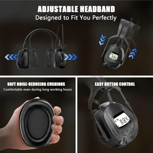 Vista 5 de Gardtech Protección auditiva Bluetooth 5.3 AM/FM, orejeras de seguridad SNR de 29 dB con pantalla digital, auriculares recargables con cancelación