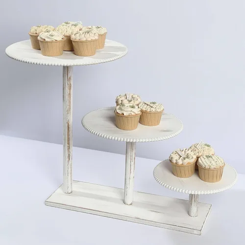 Vista 12 de Efavormart - Juego de 3 pedestales de postre semicírculo de madera marrón rústica de 3 niveles, elevadores de exhibición de cupcakes de media luna