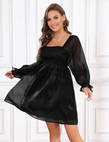 Vista 2 de KOJOOIN Vestido midi de malla para mujer, manga abombada, cuello cuadrado