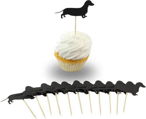 Vista 2 de Juego de 12 adornos para cupcakes de perro salchicha Weiner color negro, decoración de cumpleaños para mascotas