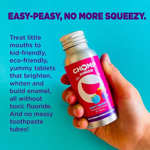 Vista 3 de Chomp Junior Very Berry - Pasta de dientes para niños, 5 % de nanohidroxiapatita para niños, sin flúor, soporta dientes fuertes y salud esmaltada