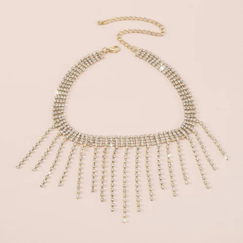Vista 6 de Dcfywl731 Gargantilla con borlas de diamantes de imitación, collares de cristal multicapa, cadena de tenis brillante, collar con flecos para mujer
