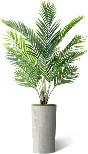 Vista 2 de Árbol artificial en macetero moderno con patrón de remolino, palmera tropical areca artificial de seda para decoración del hogar en interiores