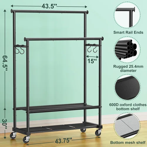 Vista 2 de Perchero de doble barra para colgar ropa, perchero de ropa resistente con ruedas, percheros de ropa independientes con estante inferior Oxford