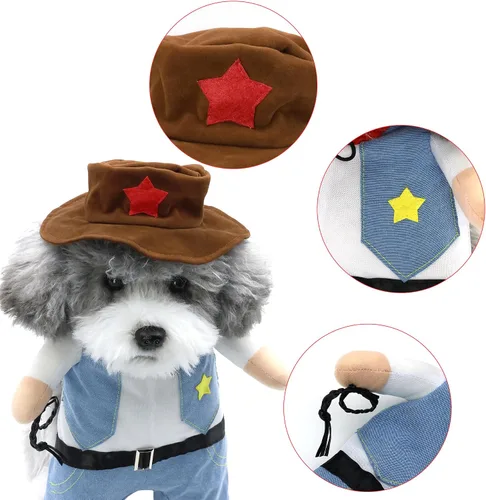 Vista 3 de NACOCO Disfraz de vaquero de Halloween para perro, ropa para mascotas, disfraces con sombrero para perro y gato, color azul (S)