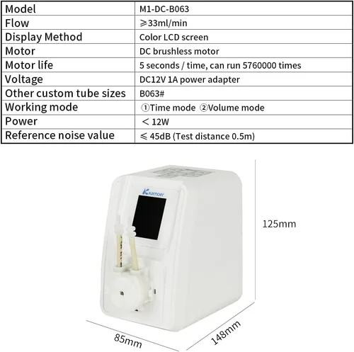 Vista 3 de Kamoer Bomba peristáltica inteligente M1-DC 12V motor DC variable bajo flujo programable dosificación líquida dosificadora bomba con control
