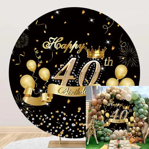 Vista 7 de Leyiyi Cubierta de fondo redonda de 3 x 3 pies para feliz cumpleaños número 30, globos dorados, fuegos artificiales, corona de diamante, oro