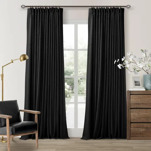 Vista 191 de Juego de 2 paneles de cortinas plisadas negras de 80 pulgadas para sala de estar, cortinas plisadas de lino con forro de 80 pulgadas de largo, 100%