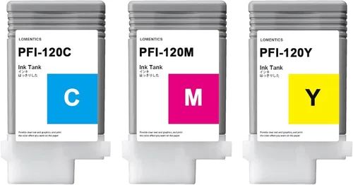 Vista 2 de PFI120 Depósito de tinta de 4.4 fl oz (paquete de 3 unidades, cian, magenta, amarillo) Lometic compatible con PFI120C PFI120M PFI120Y Reemplazo