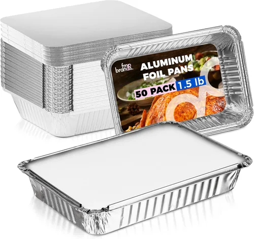 Vista 10 de Fit Meal Prep Paquete de 100 sartenes pequeñas de papel de aluminio de 1 libra con tapas, recipientes desechables para alimentos con tapas