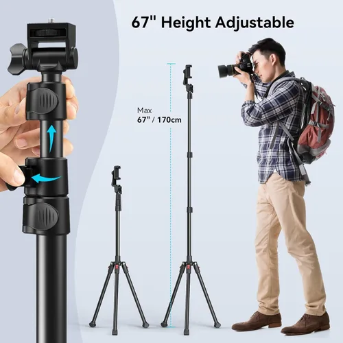 Vista 3 de SmallRig Trípode de teléfono con control remoto, trípode de 67 pulgadas para cámara plegable inversa, soporte de trípode universal para soporte