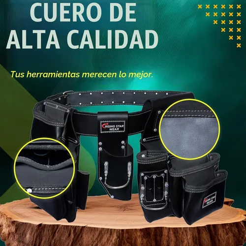Vista 4 de Rising Star Cinturón de Herramientas de Cuero Resistente de 18 Bolsillos – Bolsa de Herramientas Utilitaria Curtida al Aceite con Soporte para Negro