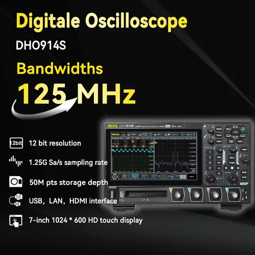 Vista 2 de RIGOL Osciloscopio digital DHO914S 125 MHz 4-Ch + 16 Digital 1.25 GSa/s 12-bit 50 Mpts UltraAcquire 1,000,000 wfms/s AFG + Bode Plot LAN/USB/HDMI