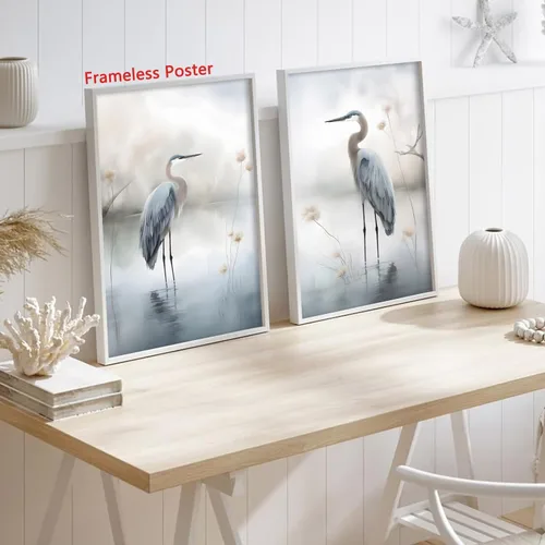 Vista 4 de BACKYMRJCART Arte abstracto de garza blanca para pared, cuadro de grulla, arte de pared para dormitorio, arte en lienzo de gran garza azul, póster
