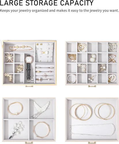 Vista 4 de V-LAFUYLIFE Jewelry Box Organizer for Women Girls, 4-Layer Large Jewelry boxes with 3 Drawers Jewelry Storage Case for Earrings Bracelets Necklaces