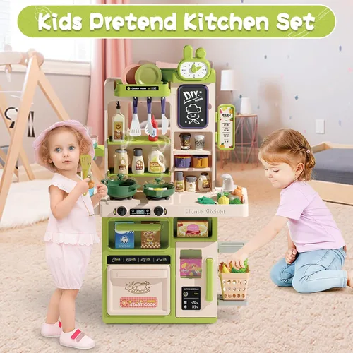 Vista 7 de Juego de Cocina para Niños, 63 Piezas de Juguetes de Cocina de Juego de Simulación para Niños Pequeños, Estufa de Cocina con Sonido de Vapor y Luz