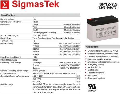 Vista 3 de Bruno SRE-1550 - Juego de repuesto de batería compatible con SigmasTek - 2 baterías de 12 voltios y 7.5 AmpH