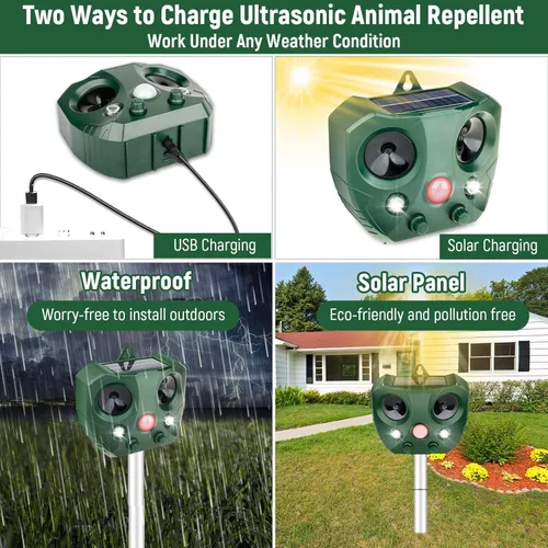 Vista 7 de Repelente de animales para exteriores, repelente de ardillas 2026, repelente ultrasónico para gatos con detección de movimiento y luz LED