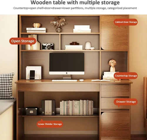 Vista 6 de HM&DX Escritorio para computadora de oficina en casa con gabinete, escritorio de estudio de madera con cajones, muebles modernos de madera