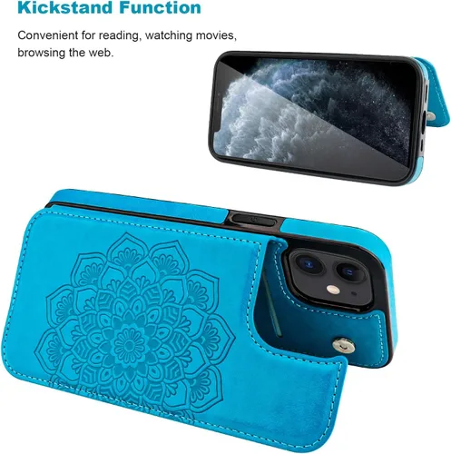 Vista 6 de Vaburs Funda compatible con iPhone 12 y iPhone 12 Pro con tarjetero, diseño de mandala en relieve de flor de piel sintética, doble botones