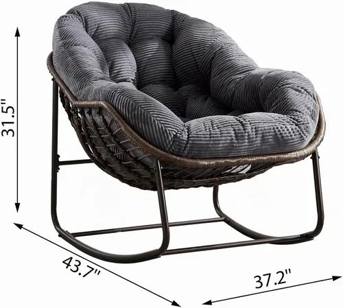 Vista 2 de Mecedora para patio al aire libre, cómoda mecedora de mimbre con cojín acolchado, salón de ratán de gran tamaño con marco sólido, moderna silla
