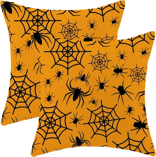 Vista 69 de Juego de 2 fundas de almohada de Halloween de 16 x 16 pulgadas, fundas de almohada de murciélagos negros y crema, fundas de cojín decorativas
