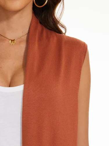 Vista 6 de INKOFF Chaleco de punto largo para mujer, sin mangas, con bolsillos, frente abierto, drapeado, chaleco casual