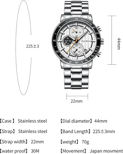 Vista 7 de Wach - Reloj analógico de cuarzo resistente al agua para hombre, resistente al agua, con correa de acero inoxidable, cronógrafo, moda