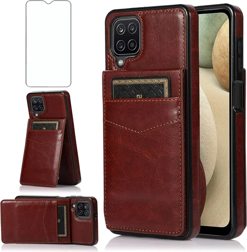 Vista 9 de Asuwish Funda de teléfono para Samsung Galaxy A12 con protector de pantalla de vidrio templado, soporte para tarjetas de crédito, soporte de piel