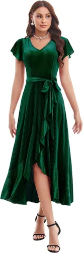 Vista 3 de Bbonlinedress Womens V-Neck Long Formal Velvet Dress Hi-Lo Ruffle Cocktail Party Wedding Guest Dress