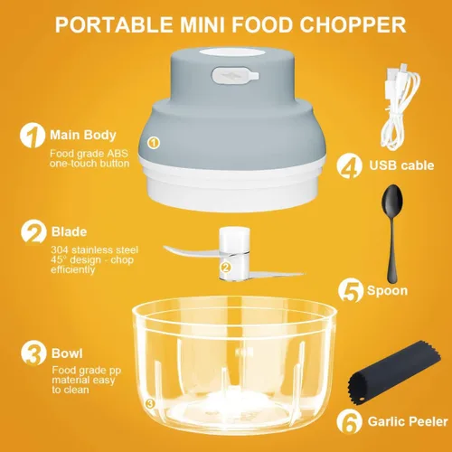 Vista 2 de Picadora eléctrica de ajos, trituradora de ajo eléctrica, procesador de alimentos pequeño con pelador de ajo y cuchara, 3.4 fl oz, gris