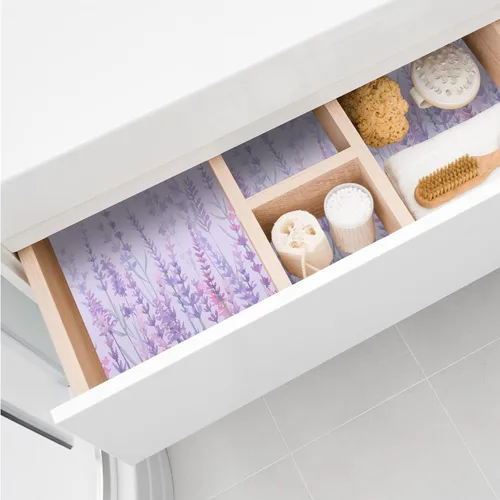 Vista 4 de 24 hojas de forros perfumados para cajones de 15.7 x 22.8 pulgadas, color lavanda, papel no adhesivo, estampado floral perfumado para armario