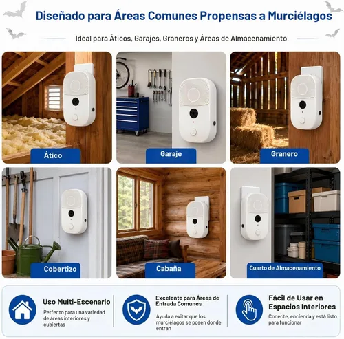 Vista 7 de Enchufe ultrasónico repelente de murciélagos 2026, dispositivos de disuasión de murciélagos para interiores con frecuencia ajustable, exclusión